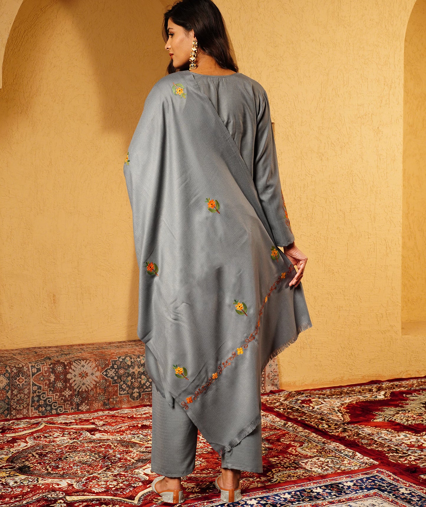 Slate Grey Aari Embroidered Woolen Suit With Shawl