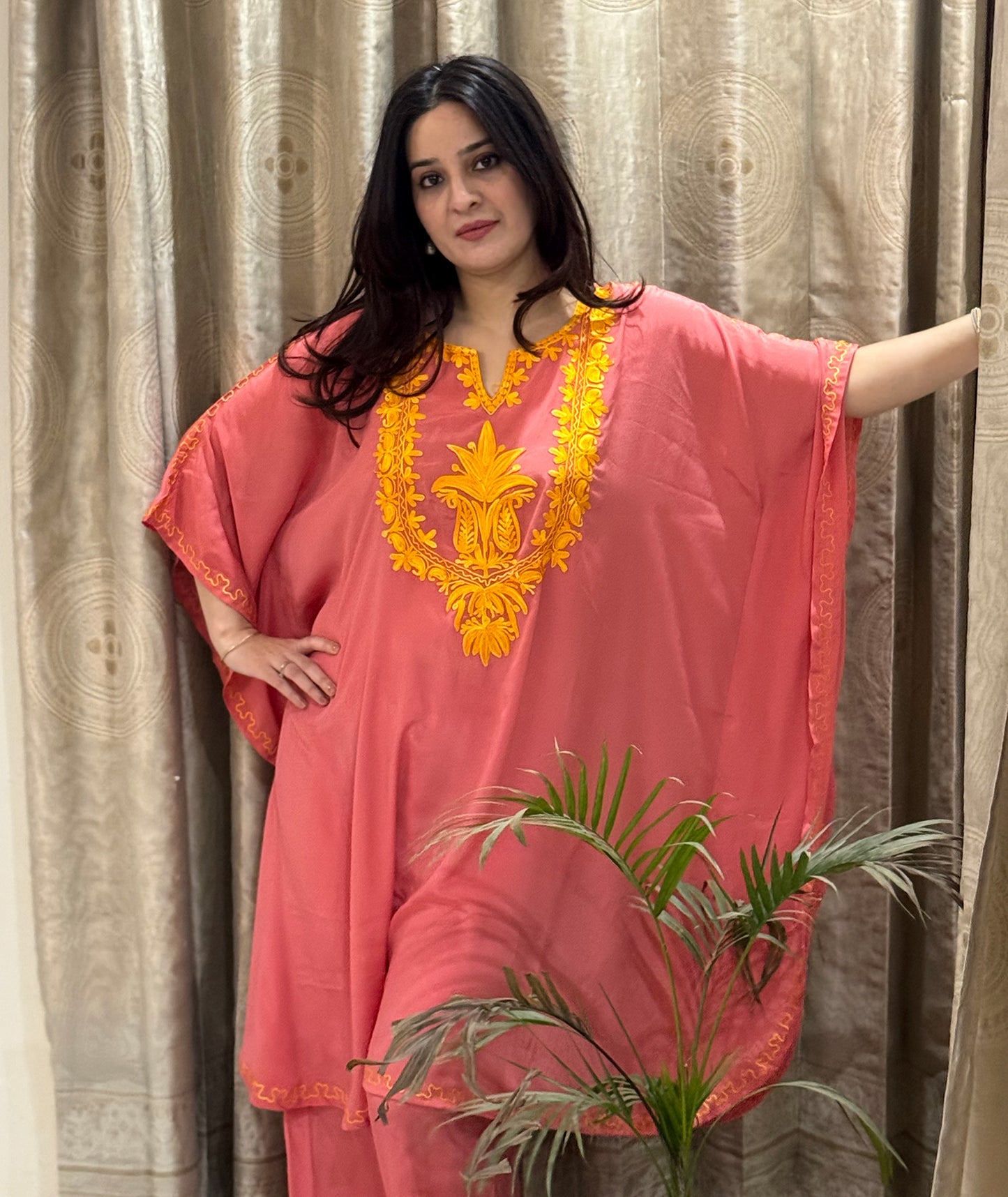 Peach & Yellow Aari Embroidered Crepe Silk Kaftan Co Ord Set