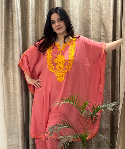 Peach & Yellow Aari Embroidered Crepe Silk Kaftan Co Ord Set
