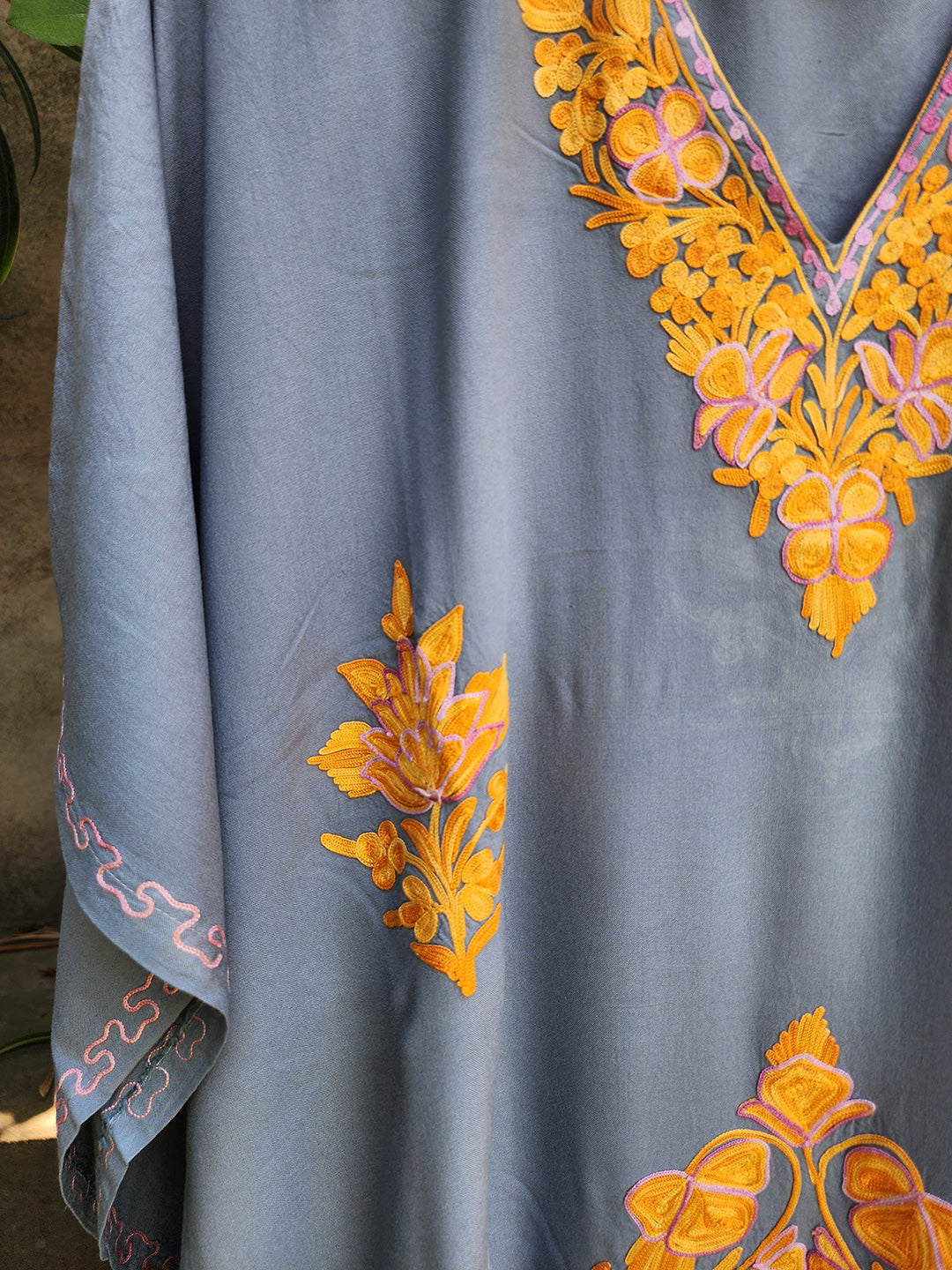 Grey & Mustard Aari Embroidered Rayon Cotton Kaftan