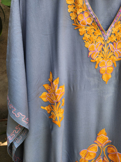 Grey & Mustard Aari Embroidered Rayon Cotton Kaftan