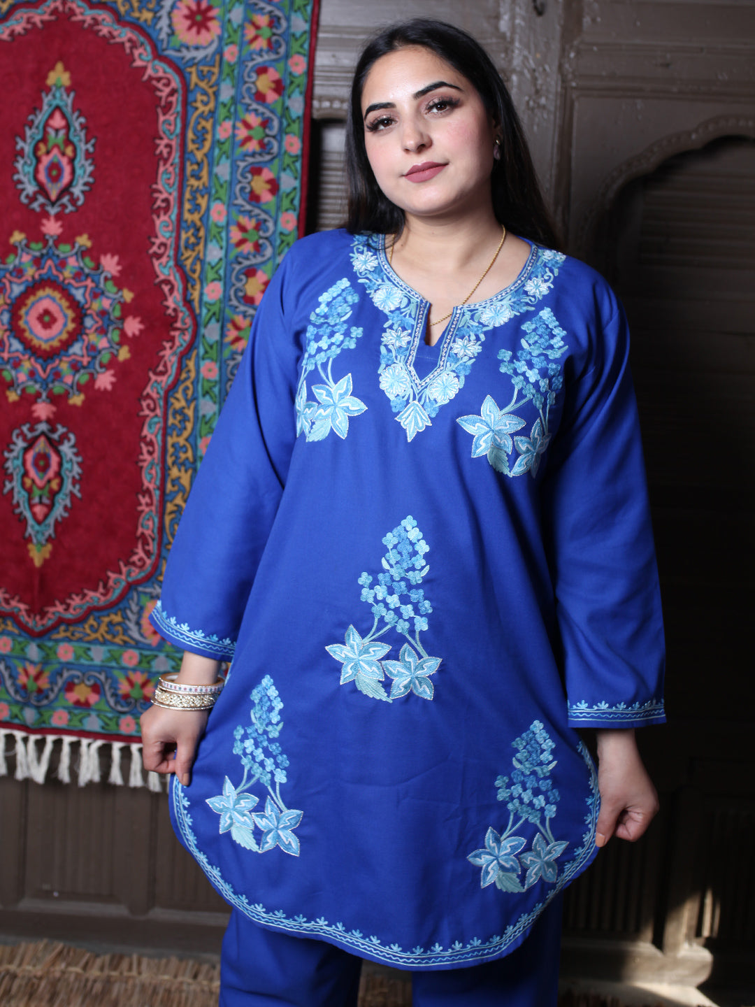 Blue Floral Aari & Zari Outline Embroidered Kashmiri Co-Ord Set
