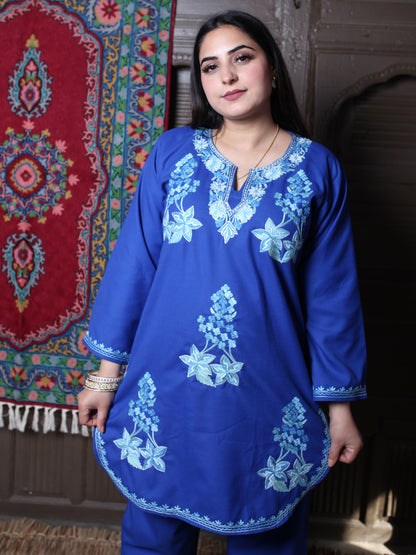 Blue Floral Aari & Zari Outline Embroidered Kashmiri Co-Ord Set