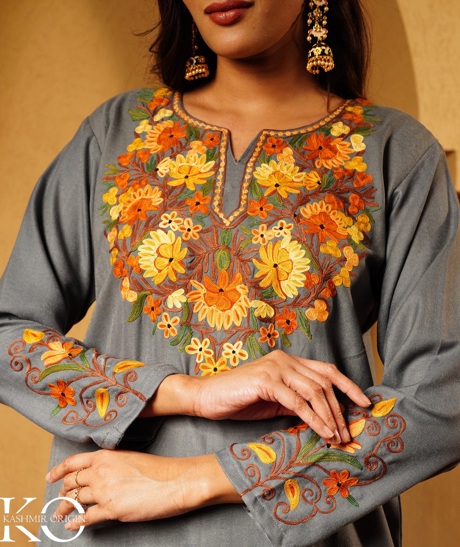 Slate Grey Aari Embroidered Woolen Suit With Shawl