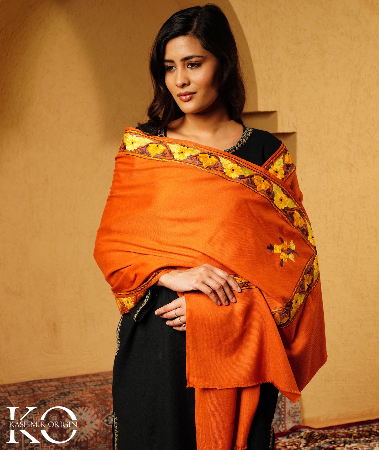 Rust Aari Embroidered Woolen Shawl
