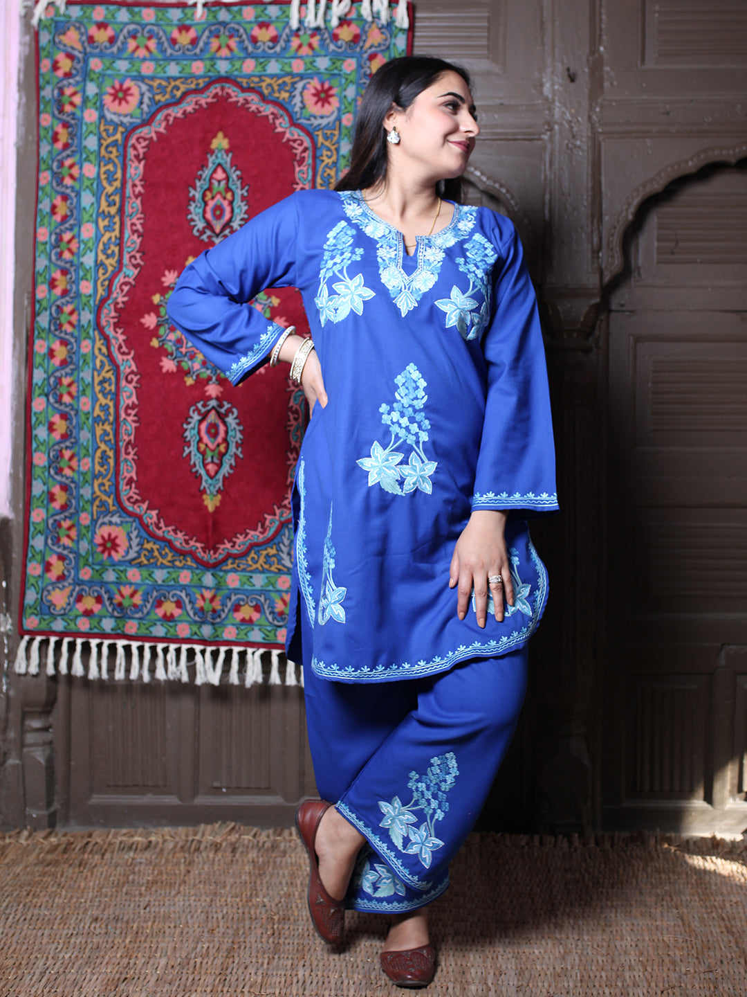 Blue Floral Aari & Zari Outline Embroidered Kashmiri Co-Ord Set