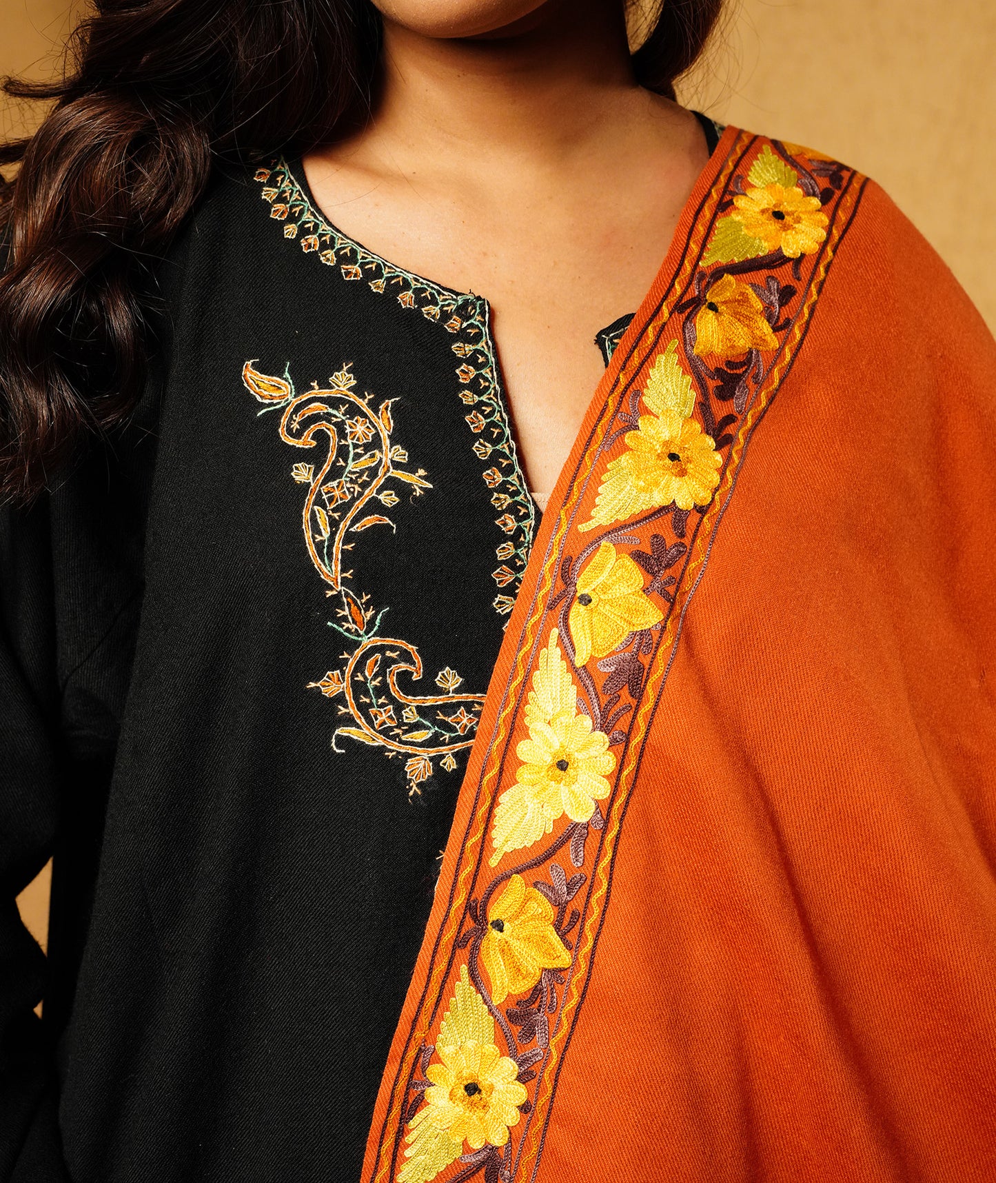 Rust Aari Embroidered Woolen Shawl