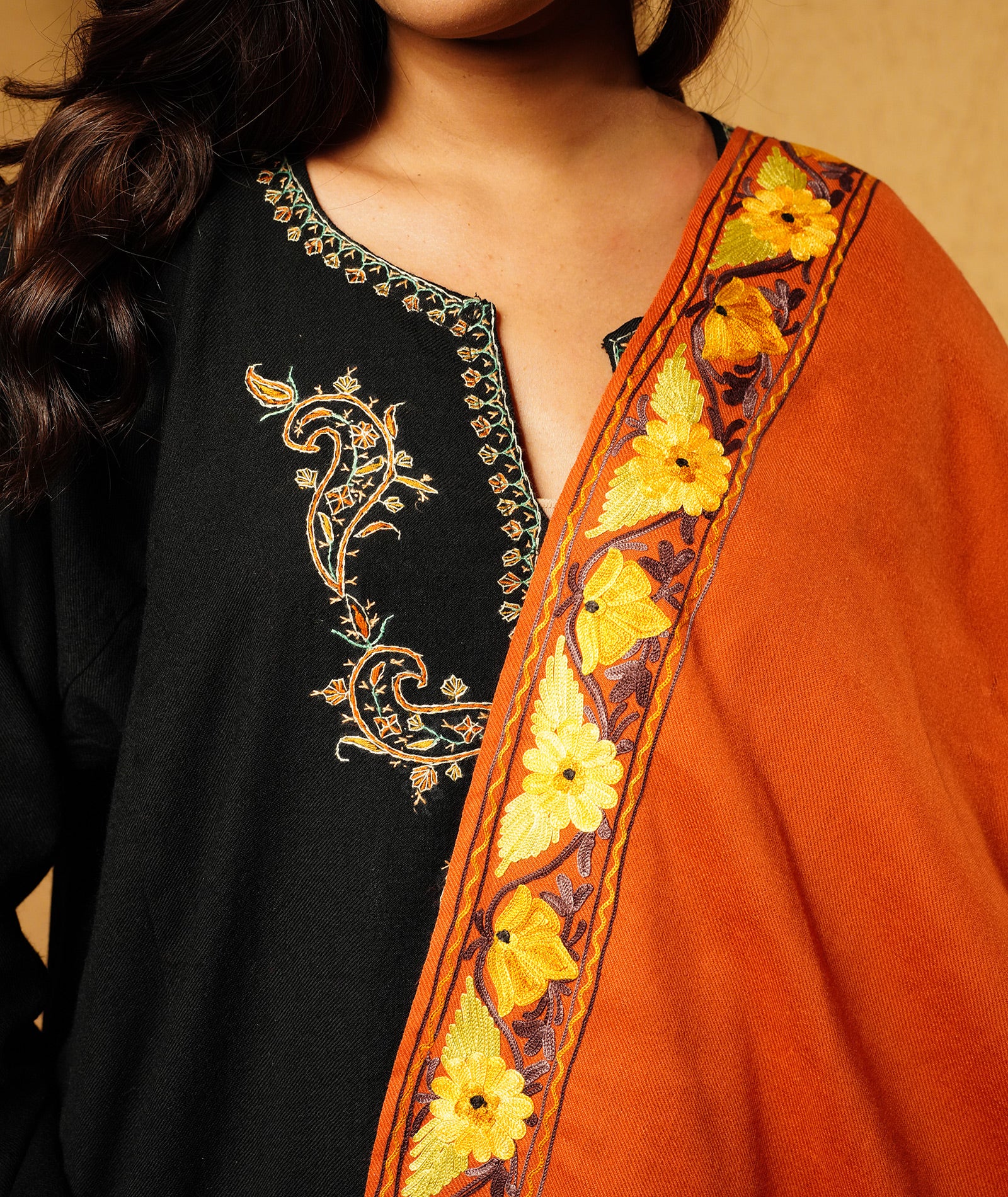 Rust Aari Embroidered Woolen Shawl