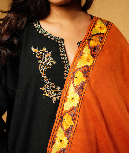 Rust Aari Embroidered Woolen Shawl