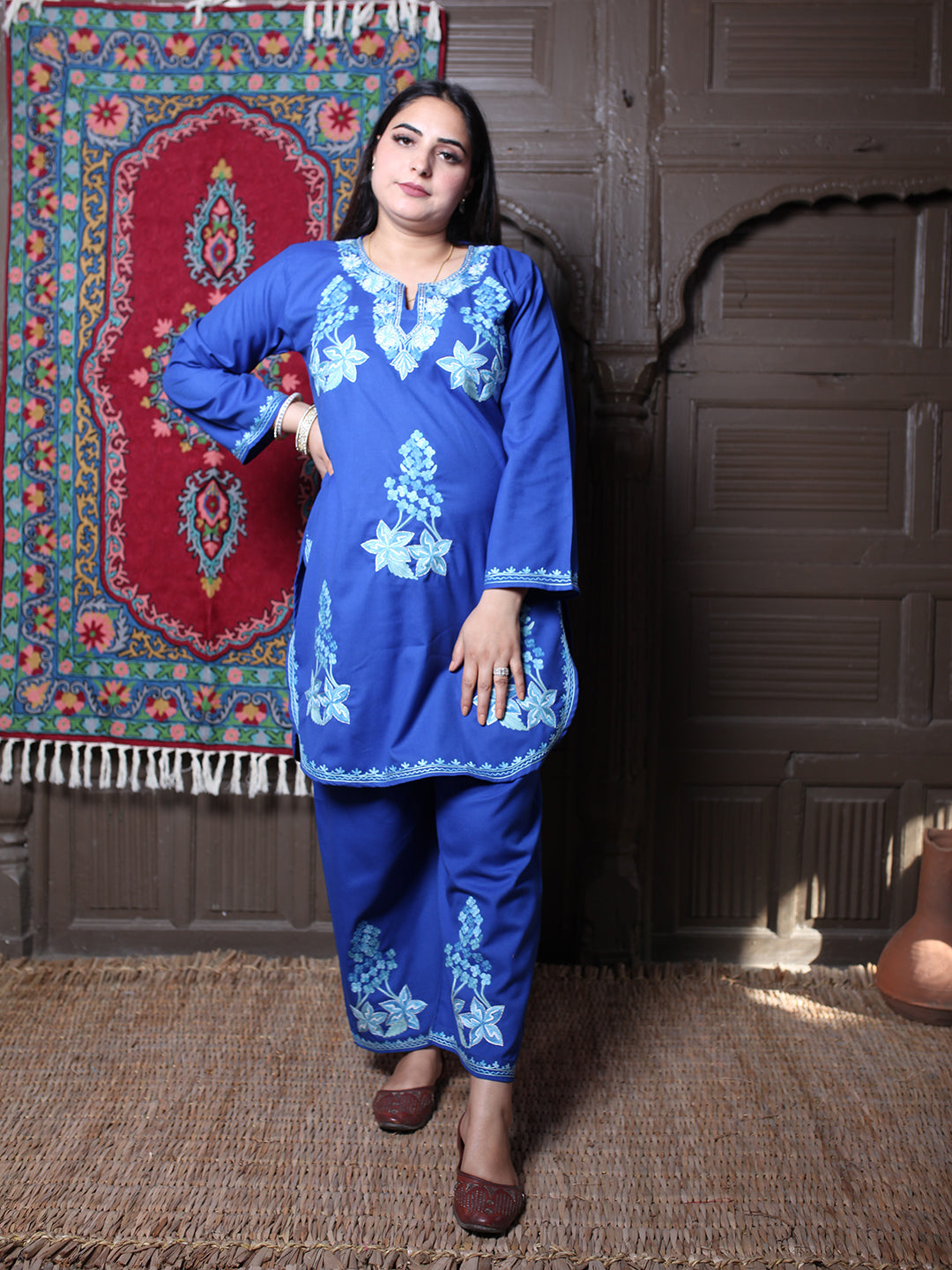Blue Floral Aari & Zari Outline Embroidered Kashmiri Co-Ord Set