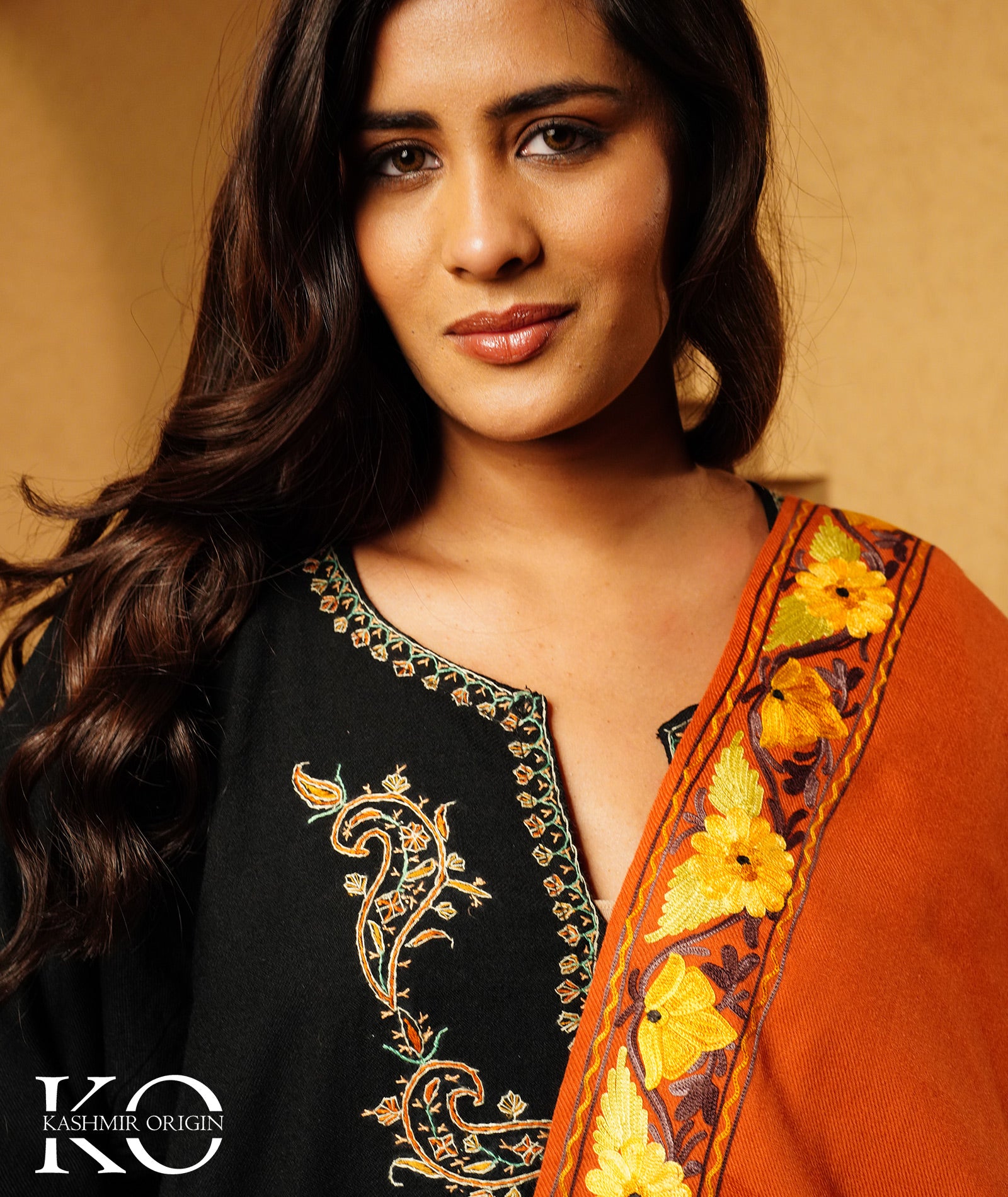 Rust Aari Embroidered Woolen Shawl