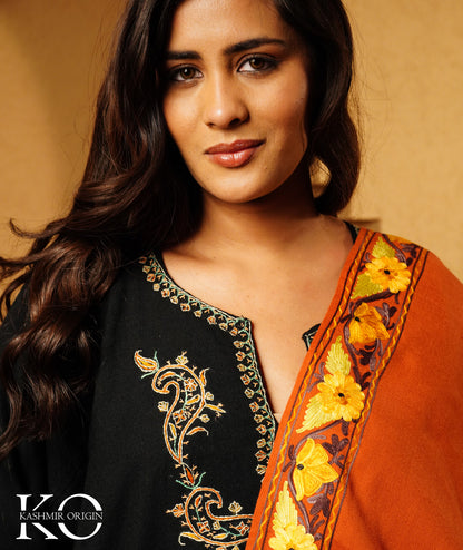 Rust Aari Embroidered Woolen Shawl