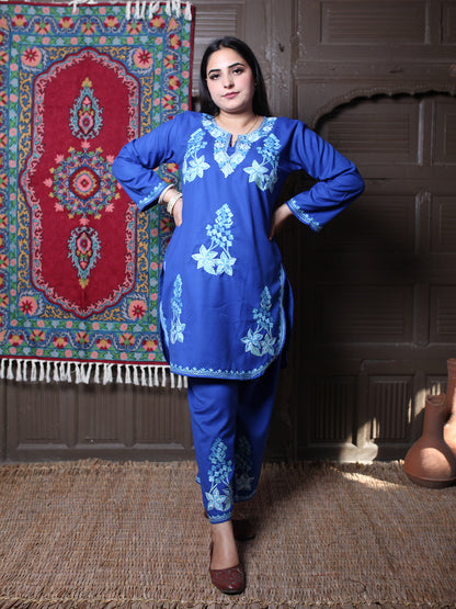 Blue Floral Aari & Zari Outline Embroidered Kashmiri Co-Ord Set