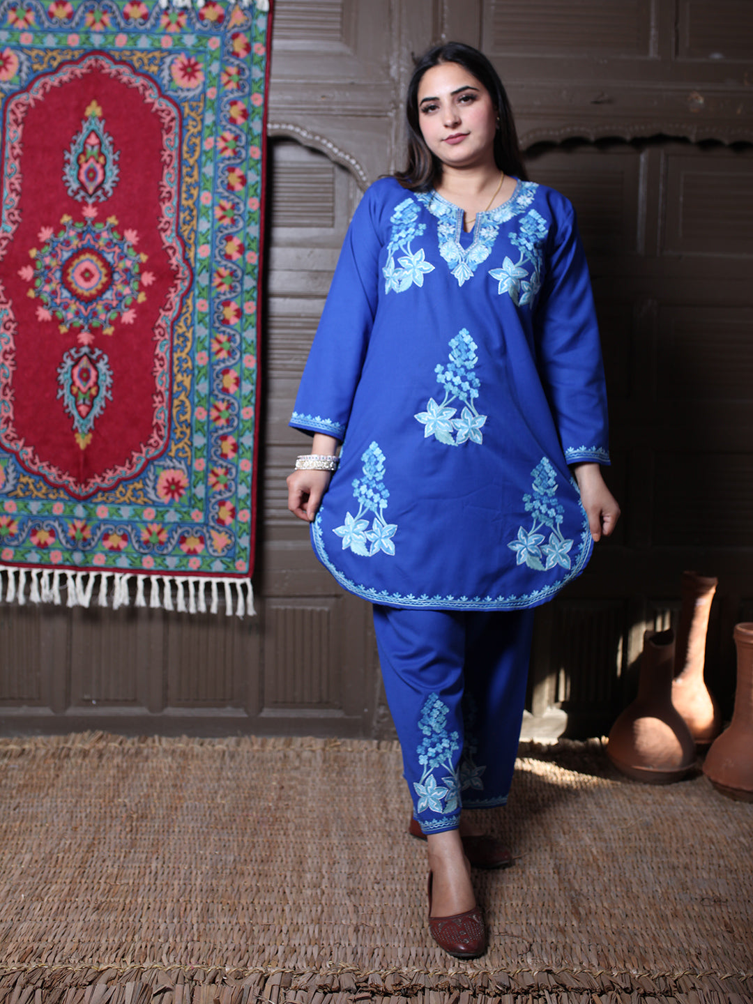 Blue Floral Aari & Zari Outline Embroidered Kashmiri Co-Ord Set