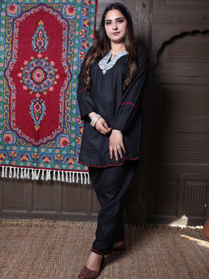 Black Posh Design Aari Embroidered Kashmiri Cotton Co-Ord Set