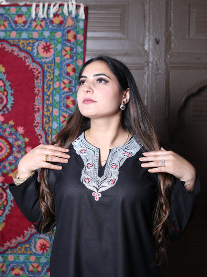 Black Silver Tilla & Red Silk Embroidered Round Kashmiri Co-Ord Set