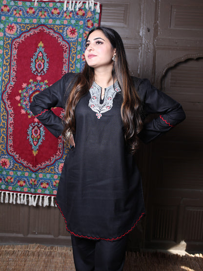Black Silver Tilla & Red Silk Embroidered Round Kashmiri Co-Ord Set