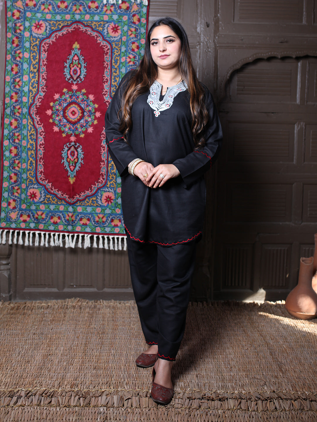 Black Silver Tilla & Red Silk Embroidered Round Kashmiri Co-Ord Set