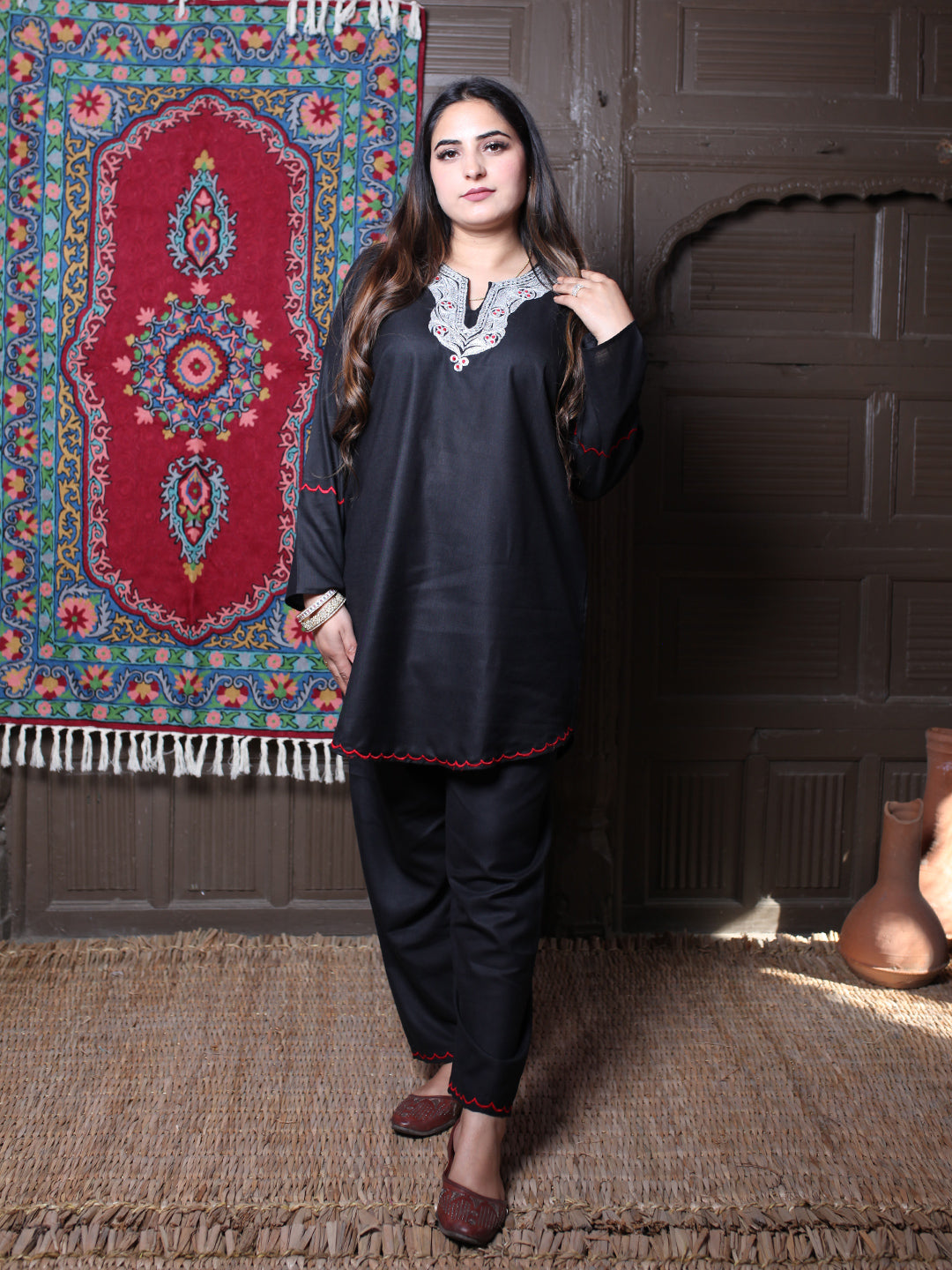 Black Posh Design Aari Embroidered Kashmiri Cotton Co-Ord Set