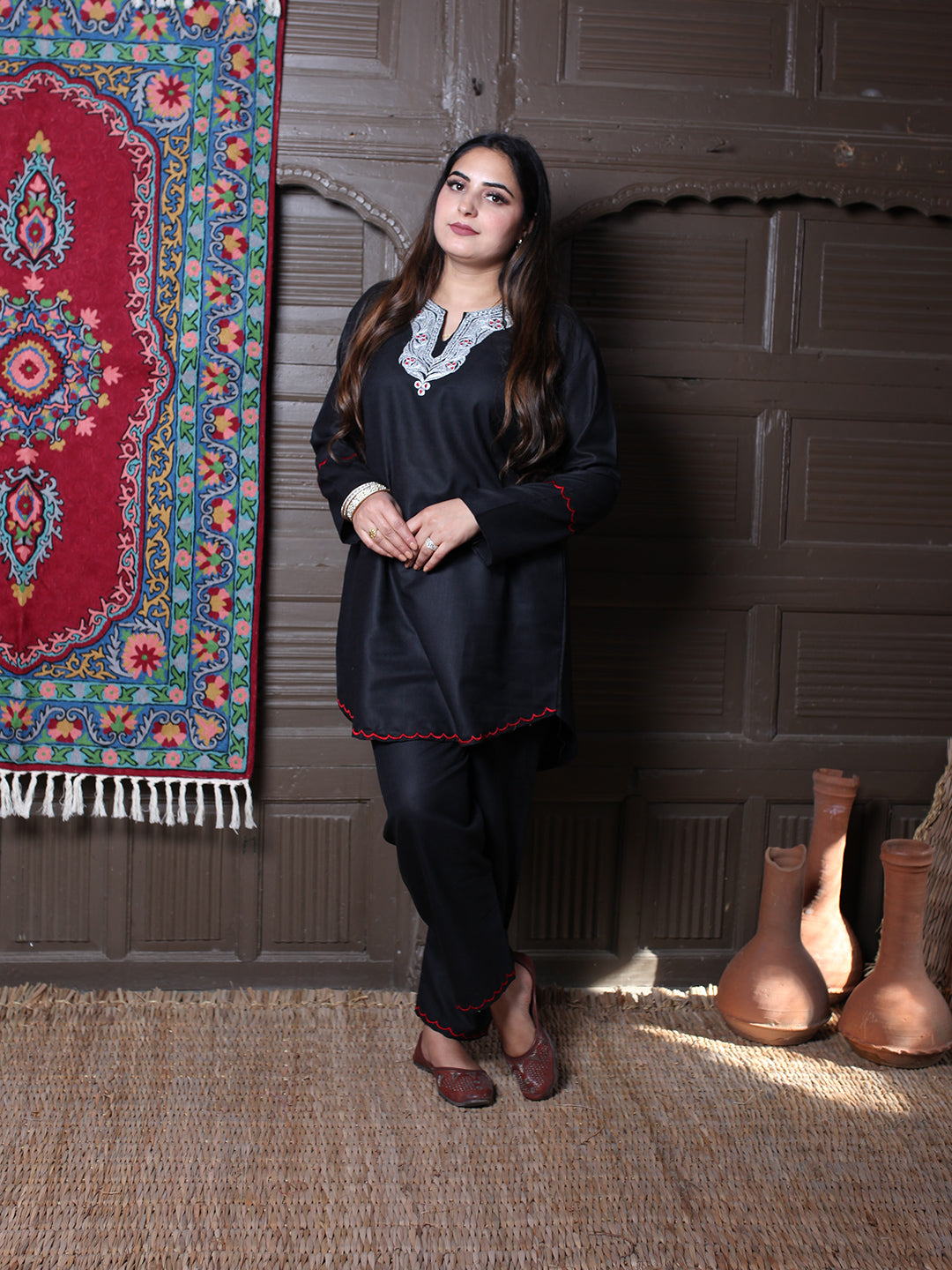 Black Posh Design Aari Embroidered Kashmiri Cotton Co-Ord Set