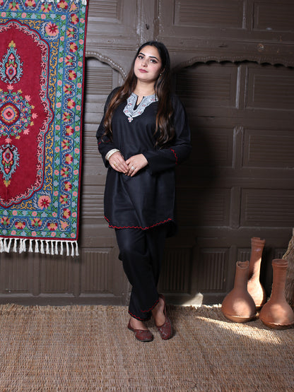 Black Posh Design Aari Embroidered Kashmiri Cotton Co-Ord Set