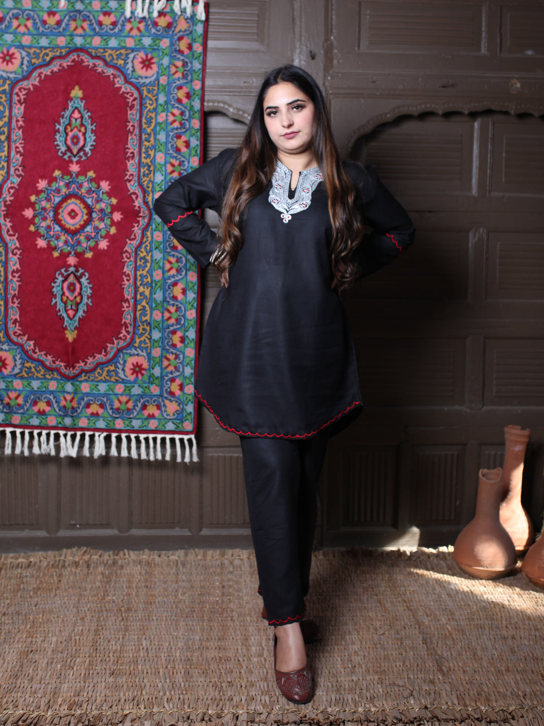 Black Silver Tilla & Red Silk Embroidered Round Kashmiri Co-Ord Set