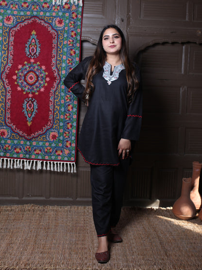 Black Silver Tilla & Red Silk Embroidered Round Kashmiri Co-Ord Set