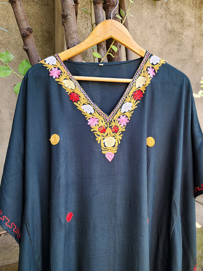 Army Black Green Aari Embroidered Rayon Cotton Dotted Kaftan