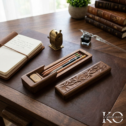 Kashmiri Walnut Wood Pencil Box | Handcrafted Wooden Stationery Case | Pen Case