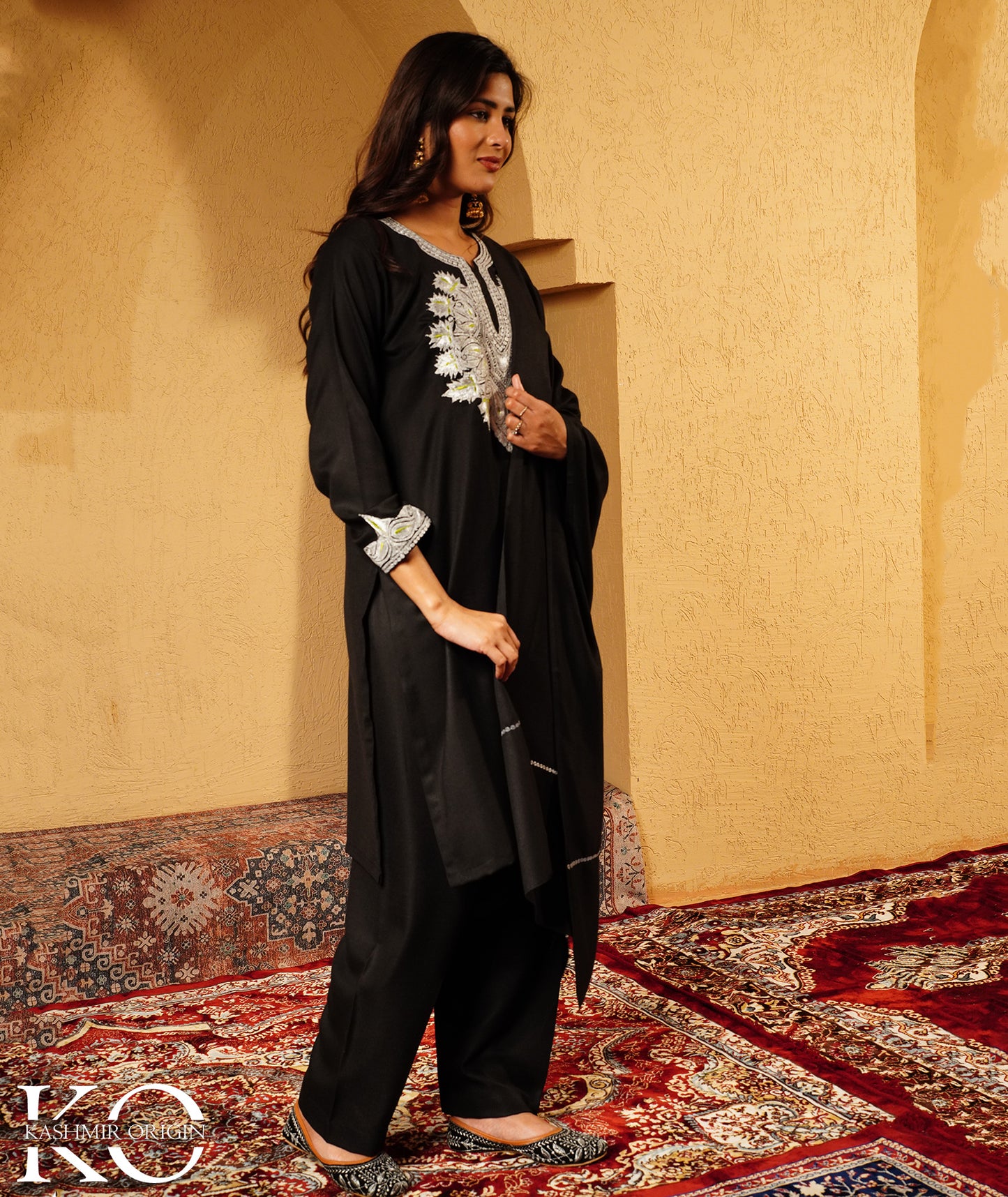 Stark Black Tilla Embroidered Woolen Suit With Shawl