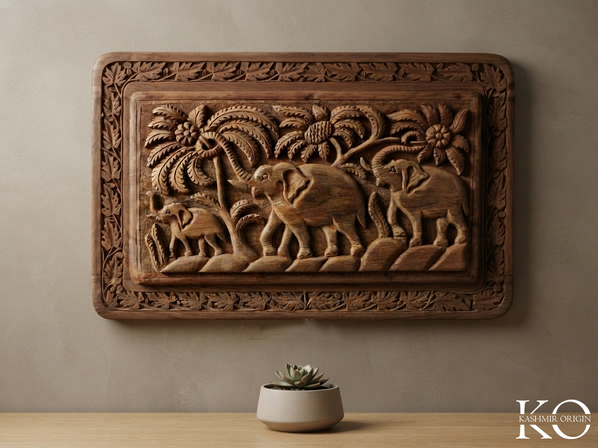 Elephant Design Hand Carved Walnut Wood Panel | Made By Master Artisan