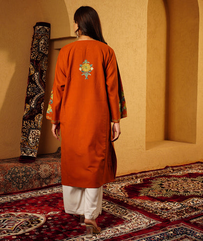 Rust Phooldaan Design Aari Embroidered Woolen Pheran