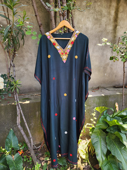 Army Black Green Aari Embroidered Rayon Cotton Dotted Kaftan