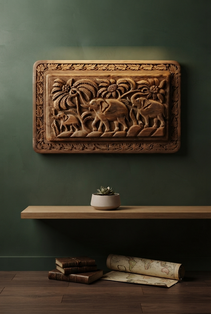 Elephant Design Hand Carved Walnut Wood Panel | Made By Master Artisan