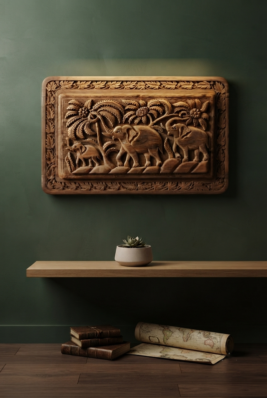 Elephant Design Hand Carved Walnut Wood Panel | Made By Master Artisan