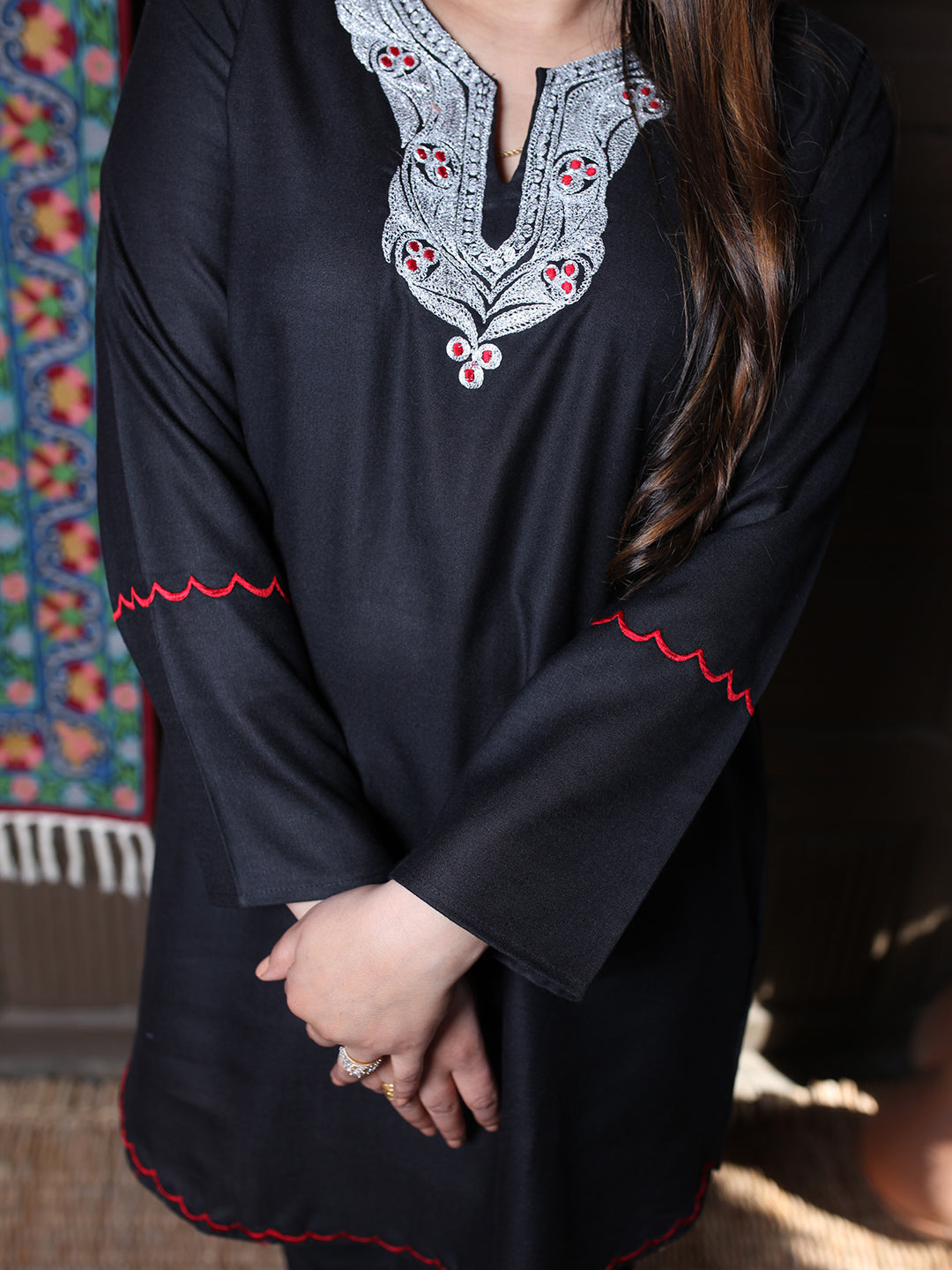 Black Silver Tilla & Red Silk Embroidered Round Kashmiri Co-Ord Set