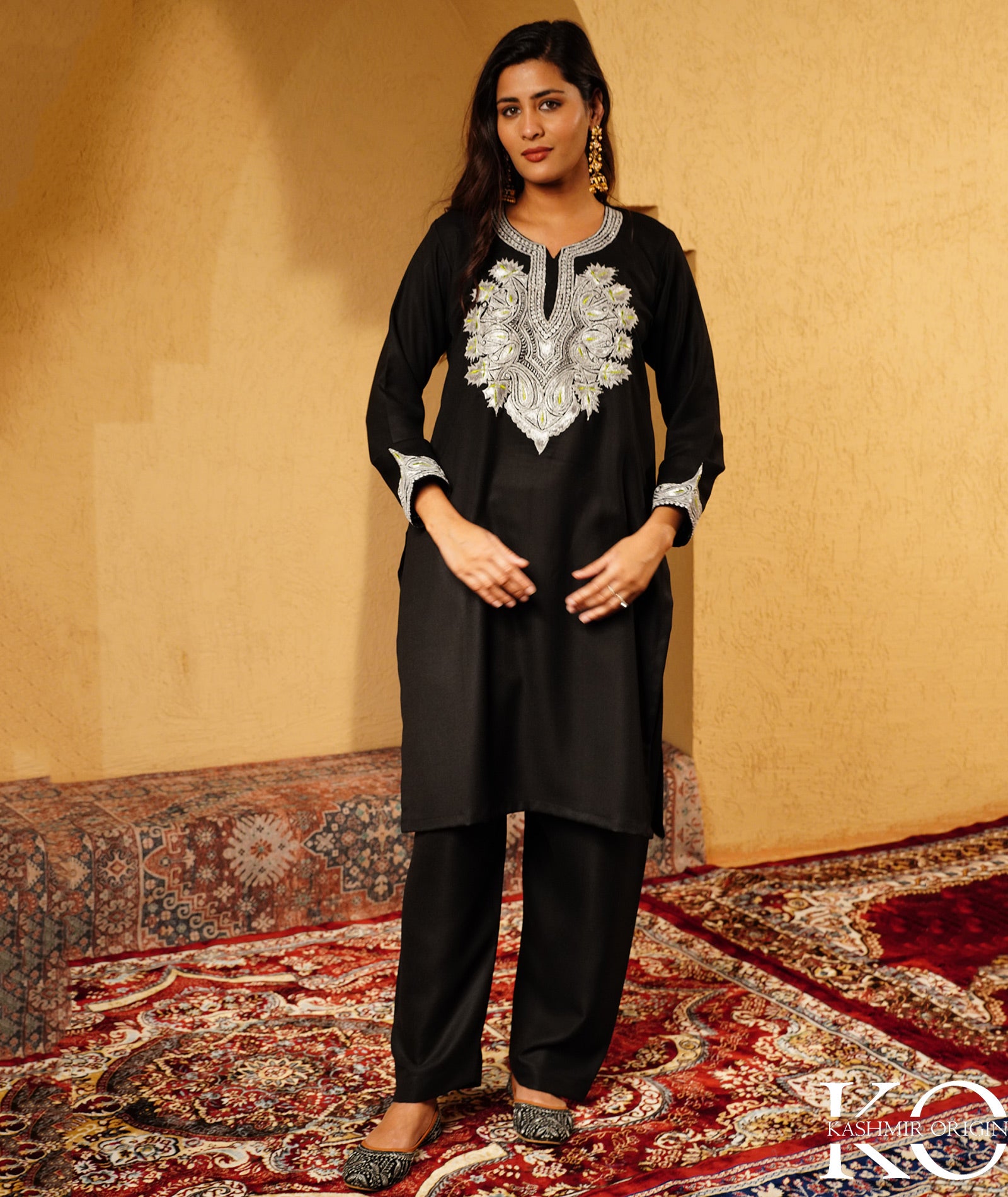 Stark Black Tilla Embroidered Woolen Suit With Shawl
