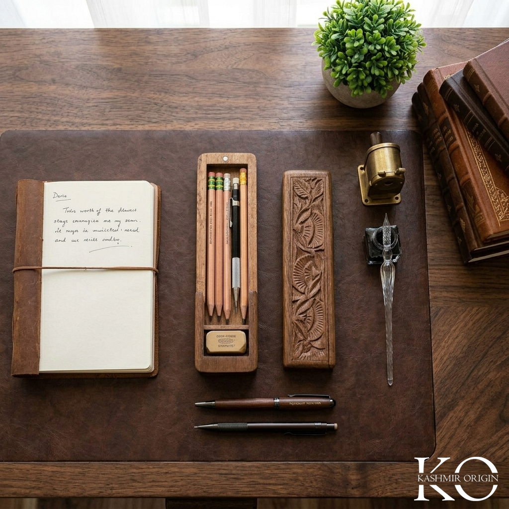 Kashmiri Walnut Wood Pencil Box | Handcrafted Wooden Stationery Case | Pen Case