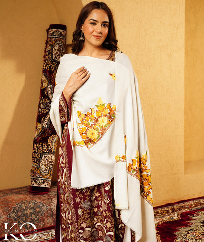 Ivory White Aari Embroidered Woolen Shawl