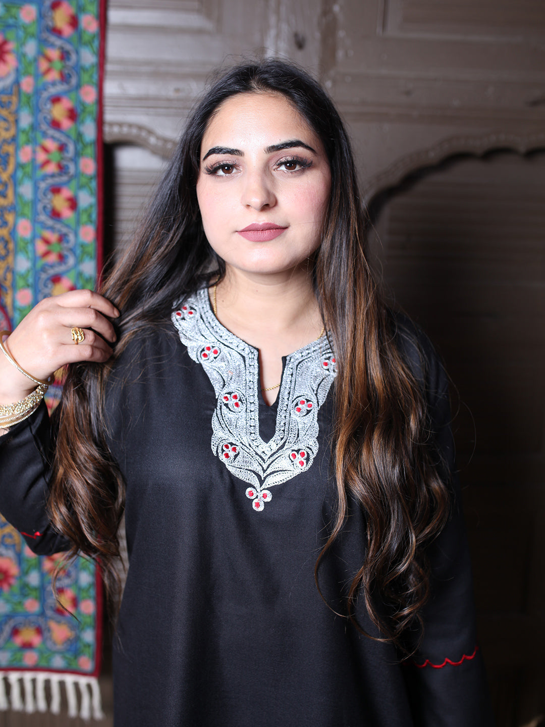 Black Silver Tilla & Red Silk Embroidered Round Kashmiri Co-Ord Set