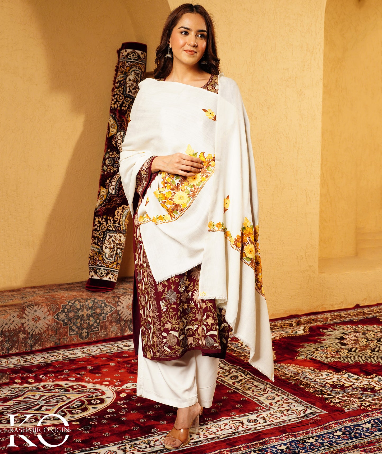 Ivory White Aari Embroidered Woolen Shawl