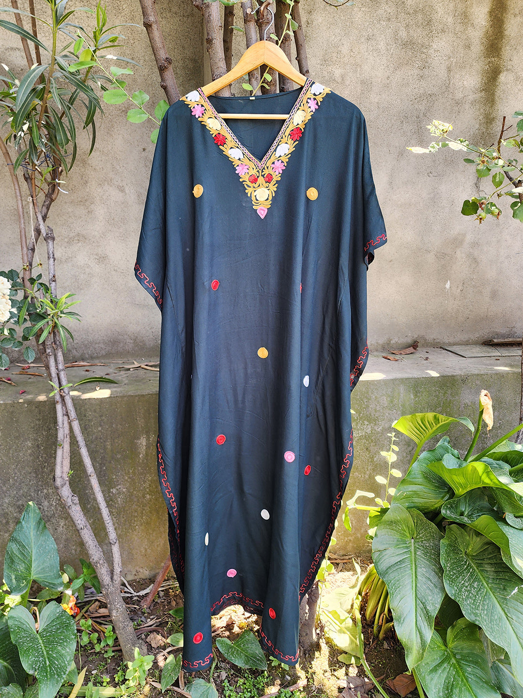Army Black Green Aari Embroidered Rayon Cotton Dotted Kaftan