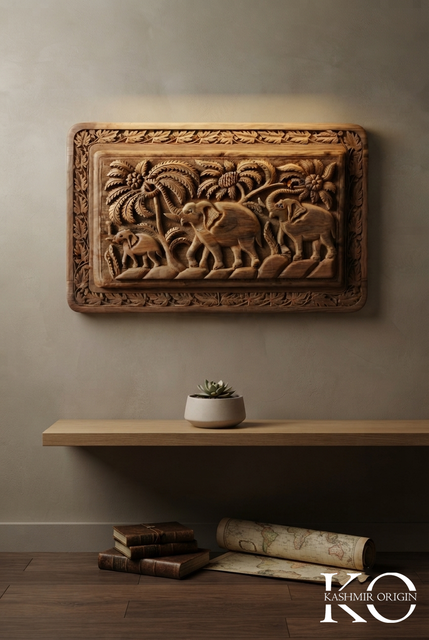 Elephant Design Hand Carved Walnut Wood Panel | Made By Master Artisan