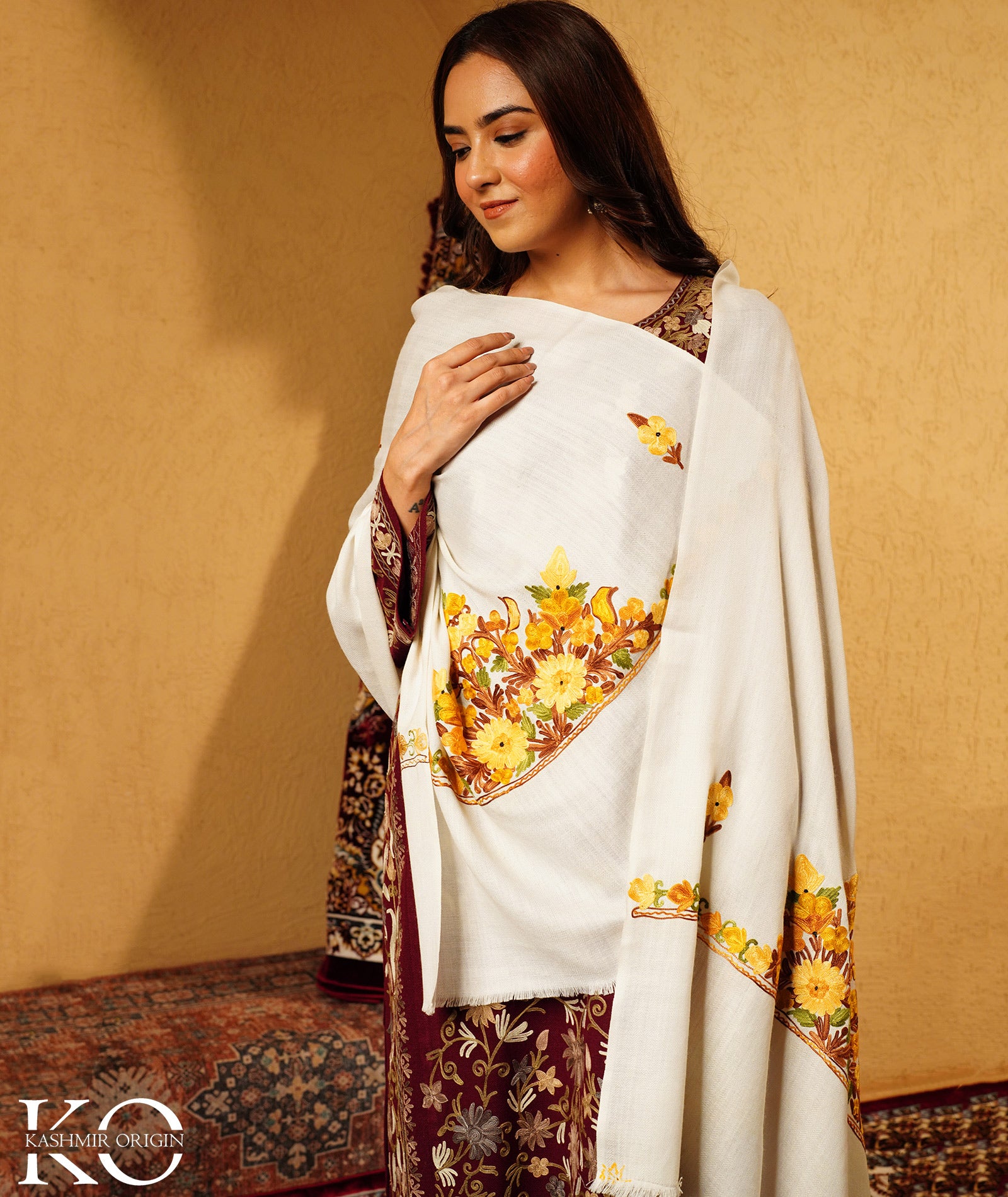 Ivory White Aari Embroidered Woolen Shawl