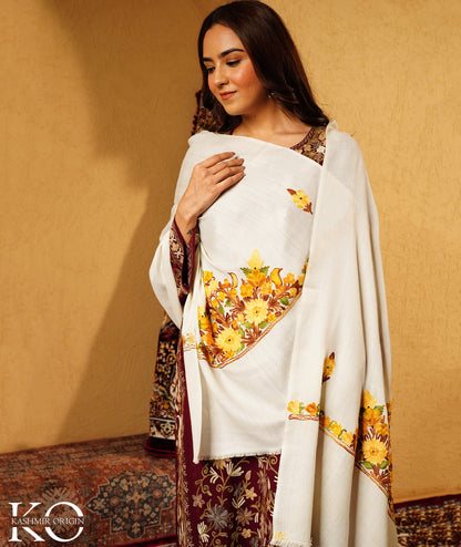 Ivory White Aari Embroidered Woolen Shawl