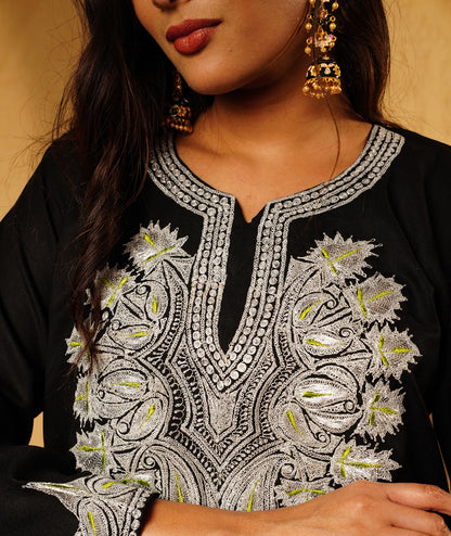 Stark Black Tilla Embroidered Woolen Suit With Shawl