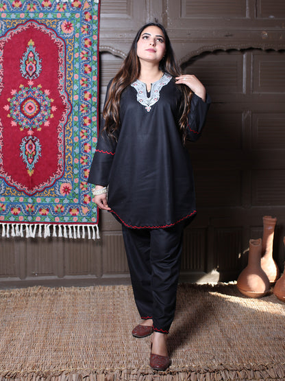 Black Silver Tilla & Red Silk Embroidered Round Kashmiri Co-Ord Set