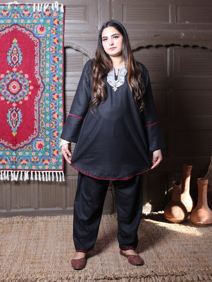 Black Posh Design Aari Embroidered Kashmiri Cotton Co-Ord Set