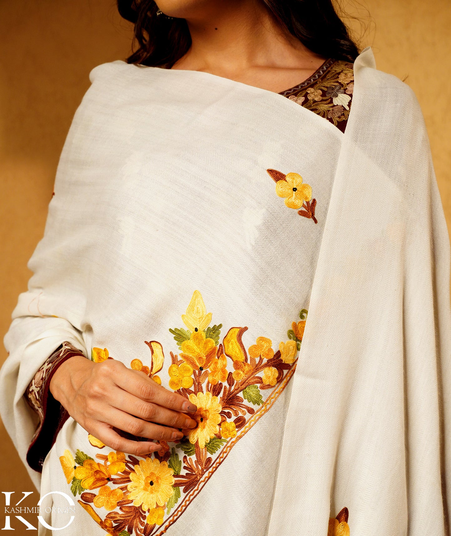 Ivory White Aari Embroidered Woolen Shawl