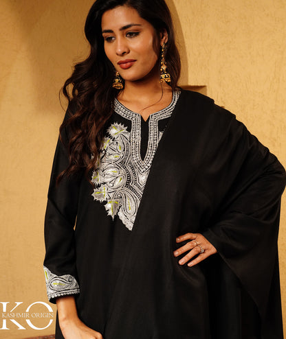 Stark Black Tilla Embroidered Woolen Suit With Shawl